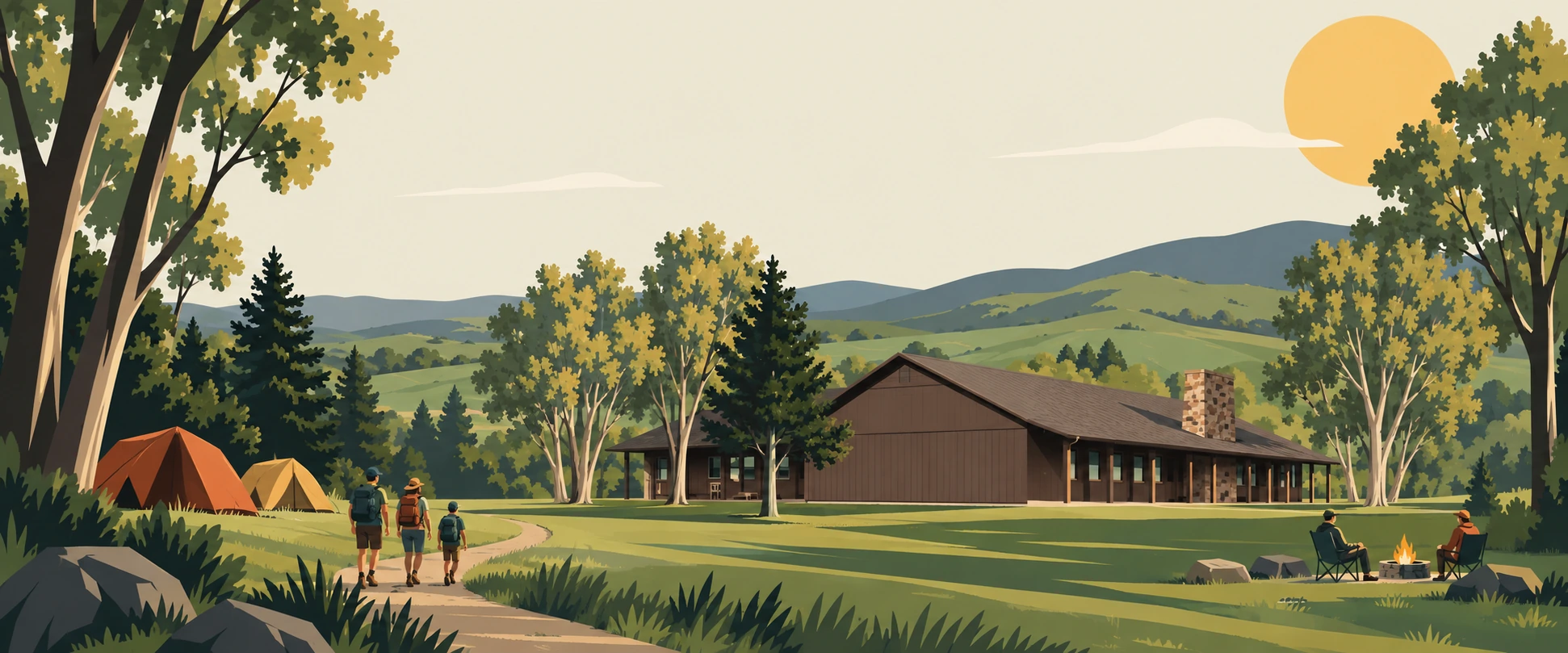 The lodge, tents and families at Camp Zarahemla