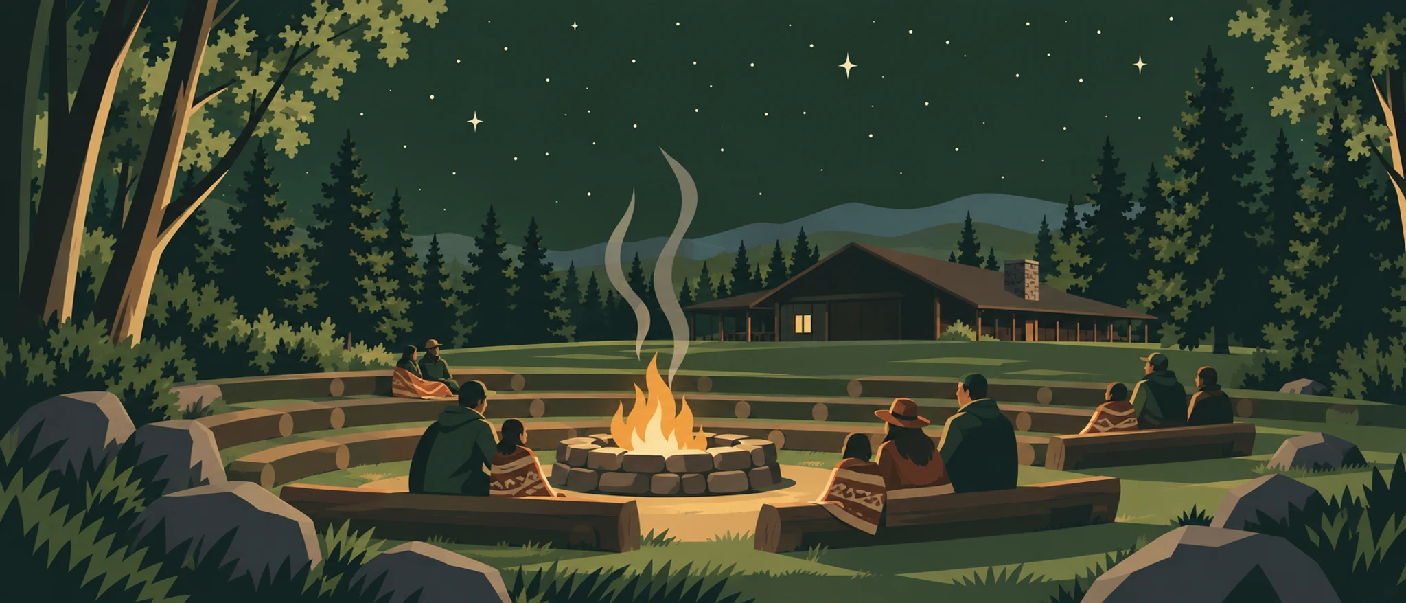 Families around the fire ring below the lodge at night