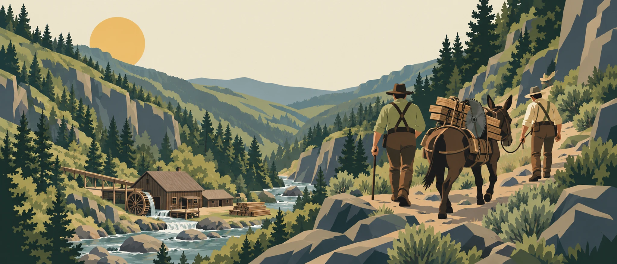 Pioneers leading a pack mule up Hardscrabble Canyon in 1859