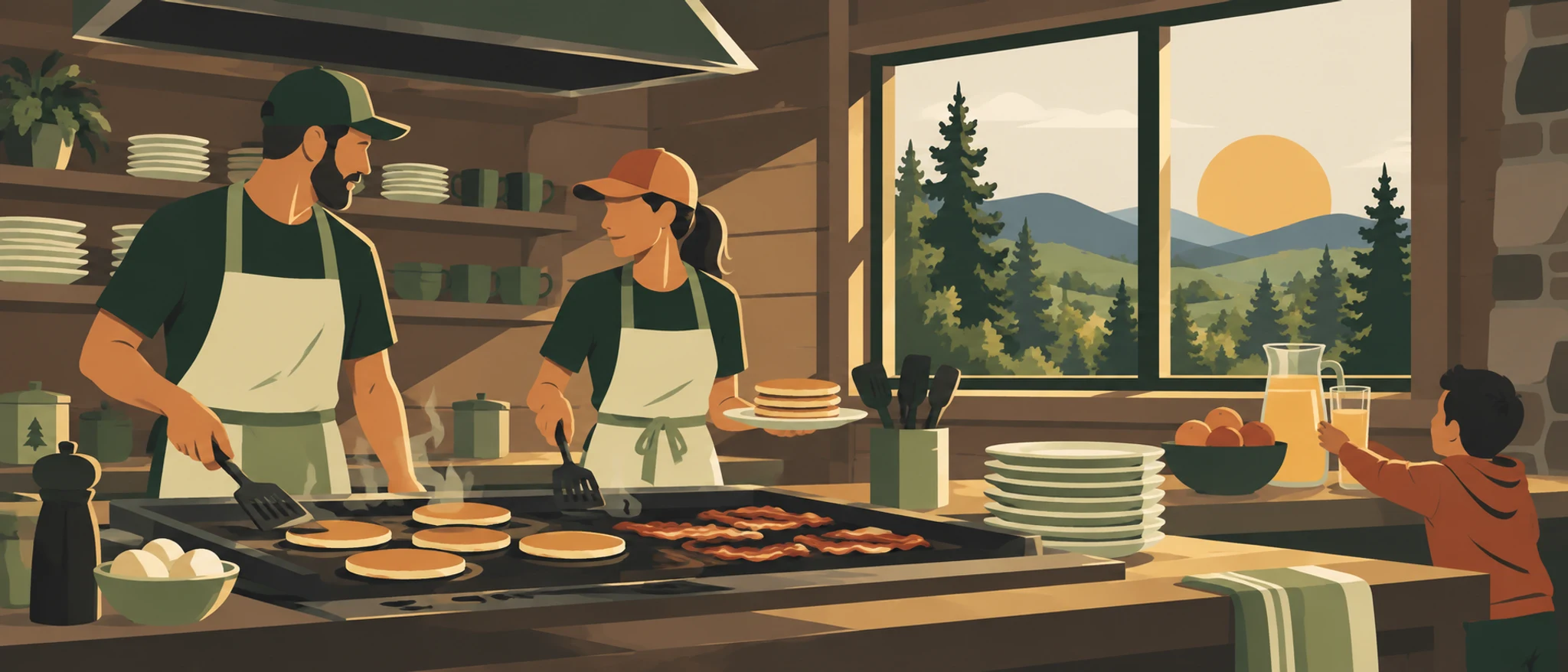 Breakfast on the griddle in the lodge kitchen at sunrise