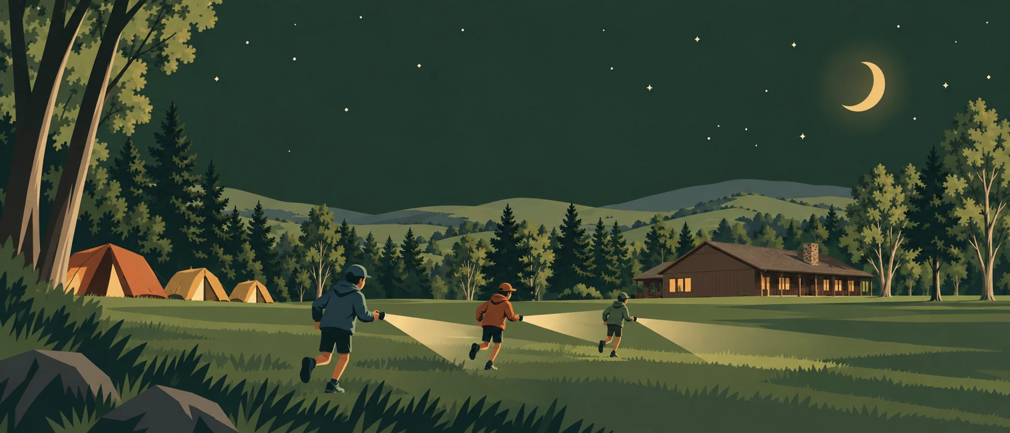 Kids running with flashlights on the field at Camp Zarahemla